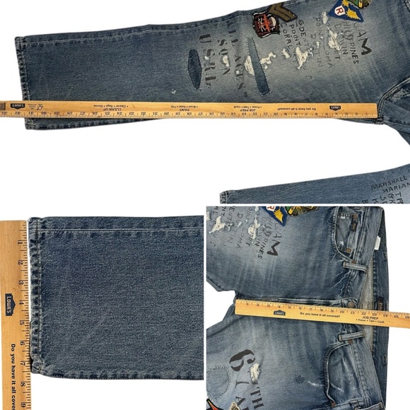 Polo Ralph Lauren Varick Slim Straight Jeans Military Patches Distressed 38 x 32 - Picture 16 of 16
